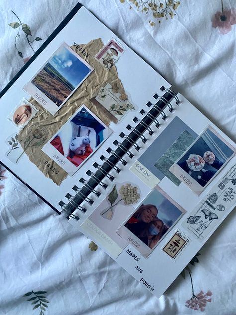 Scrapbook Journal Polaroid, Daily Memory Journal, Journal With Polaroids, Polaroid Memory Book, Polaroid Journal Ideas, Aesthetic Scrapbook Ideas Layouts, Photo Journal Ideas Memories Scrapbook, Scrapbooking Polaroid, Scrapbook Design Ideas Aesthetic