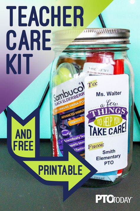 Teacher care kit (and free gift tag printable). Just add energy bars, hand sanitizer, immunity support supplements, and a few other treats. Self Care Gifts For Teachers, Teacher Self Care Kit, Teacher Emergency Kit, Mason Jar Teacher Gifts, Easy Teacher Gifts, Immunity Support, Pta Ideas, Pto Ideas, Survival Kit For Teachers