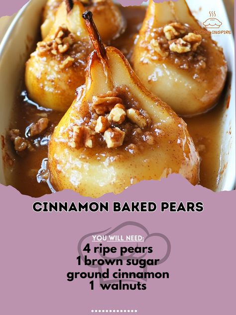 🍐✨ Elevate your dessert game with these sweet and cozy Cinnamon Baked Pears! 🍂🌟 Cinnamon Baked Pears Ingredients: - 4 ripe pears - 1/4 cup brown sugar - 1 tsp ground cinnamon - 1/4 cup chopped walnuts - 2 tbsp unsalted butter, melted - Vanilla ice cream (optional) Instructions: 1. Preheat oven to 375°F. 2. Cut pears in half, scoop out seeds. 3. Mix brown sugar and cinnamon. 4. Place pears in baking dish, sprinkle sugar mix. 5. Drizzle melted butter, top with walnuts. 6. Bake for 30 mins un... Baked Pears With Cinnamon And Honey, Ripe Pear Recipes, Pear Dishes, Baked Pears Recipe, Poached Pears Dessert, Cinnamon Pears, Ripe Pears, Pear Dessert, Baked Pears