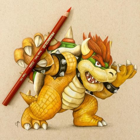 Bowser (Drawing by JuliannaMaston @Instagram) #Mario Bowser Drawing, Coloured Drawings, Color Pencil Drawings, Pencil Inspiration, Series Artwork, Prismacolor Art, Simple Illustrations, Colored Pencil Art, Doodle Art Drawing