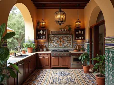 Morrocon Interiors Tiles Kitchen, Morocco Kitchen Design, Kitchen Tile Interior, Moroccan Kitchen Design, Sicilian Kitchen, Spanish Tile Kitchen, Desi Kitchen, Moroccan Style Kitchen, Hacienda Style Kitchen