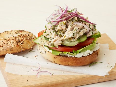 Tuna Everything Bagel Recipe | Tyler Florence | Food Network Tyler Florence Recipes, Tuna Cans, Bagel Sandwiches, Florence Food, Canned Tuna Recipes, Lunch Sandwiches, Tyler Florence, Easy Sandwich Recipes, Bagel Cream Cheese