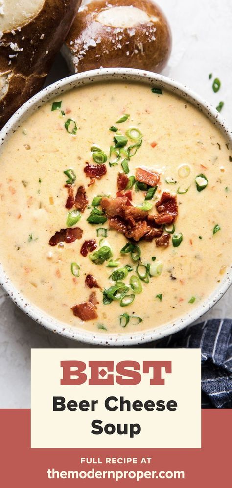 Beer Cheese Soup with bacon, peppers in a bowl with pretzel rolls and a spoon Bacon Beer Cheese Soup, Easy Beer Cheese Soup, Beer Cheddar Soup, Beer Cheese Soup Recipes, Beer Soup, Beer Cheese Soup, Beef Recipe Instant Pot, Cheese Soup Recipe, Crockpot Appetizers