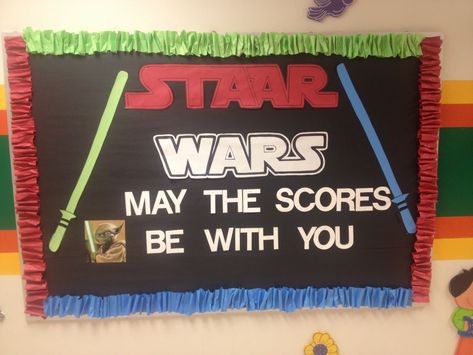 Staar test bulletin board  www.facebook.com/msgarciasthirdgradeclass Spring Testing Bulletin Board Ideas, Staar Test Bulletin Board Ideas, Staar Bulletin Boards Ideas, Star Wars Bulletin Board, Testing Bulletin Boards, Music Room Bulletin Boards, Test Prep Motivation, Test Motivation, Testing Treats