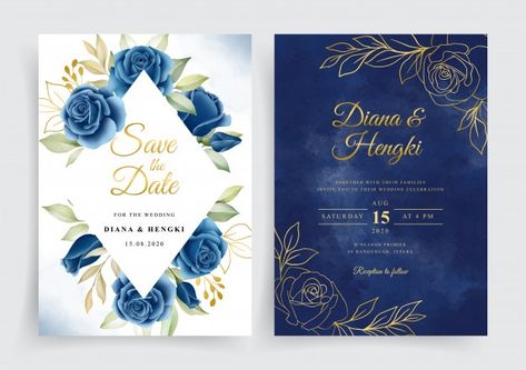 Elegant navy blue and gold floral wreath... | Premium Vector #Freepik #vector #wedding #watercolor #wedding-invitation #floral Wedding Guest Etiquette, Cherry Blossom Wedding Invitations, Gold Wedding Stationery, Retro Wedding Invitations, Leaf Invitations, Elegant Wedding Invitation Card, Navy Blue Wedding Invitations, Floral Wedding Invitation Card, Wedding Watercolor