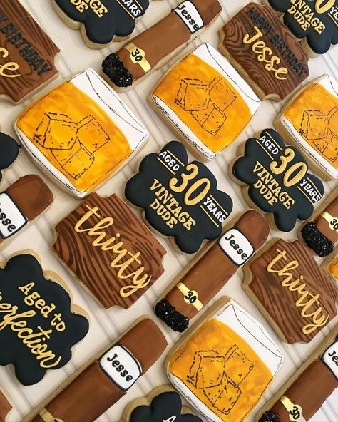 Husband Surprise 30th Birthday Party, 30 Bday Party Ideas For Men, Whiskey Theme Cookies, Mens Thirtieth Birthday Ideas, Men’s Thirty Birthday Theme, 30th Birthday Beer Theme, Men’s 30th Birthday Decorations, Husband 30th Birthday Party Ideas, Bourbon 30th Birthday