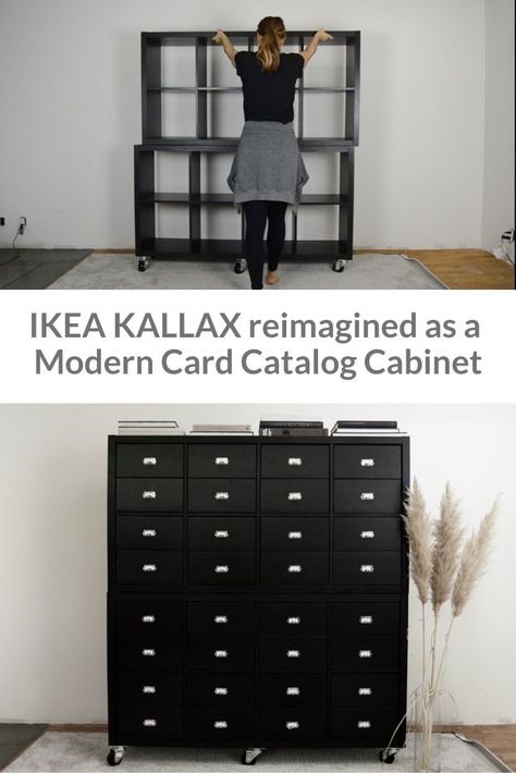 KALLAX reimagined as a Modern Card Catalog Cabinet. Easy DIY to transform the IKEA KALLAX into an apothecary cabinet with real drawers. Ikea Kallax Hack Storage Cabinets, Kallax Upcycle Ikea Furniture, Black Kallax Ikea Ideas, Ikea Kallax Drawers Hack, Kallax Art Studio, Kallax With Drawers, Kallax Cabinet Hack, Ikea Apothecary Hack, Kallax Apothecary