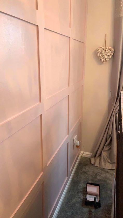 Pink Nursery Panelling, Blush Pink Wall Panelling, Pink Panneling Girls Room, Bedroom Panelling Pink, Pink Panelling Nursery, Blush Pink Bedroom Ideas For Women, Pink Panel Wall, Pink Panelling Bedroom, Pink Wall Panelling