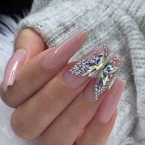 Nail Diamond, Nails Design With Rhinestones, Her Nails, Summer Acrylic Nails, Glam Nails, Butterfly Nail, Beautiful Nail Designs, Fire Nails, Coffin Nails Designs