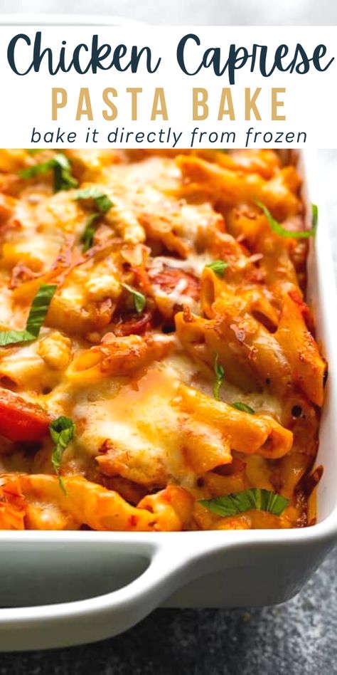 Chicken caprese pasta bake is an easy freezer-friendly meal that can be baked up fresh, or from frozen! A weeknight dinner that bakes up in 40 minutes, and whole family will enjoy! Pasta Food Prep Ideas, Pasta Bake Freezer Meal, Chicken Caprese Pasta Bake, Freezer Pasta Bake, Chicken Pasta Freezer Meal, Caprese Pasta Bake, Chicken Caprese Pasta, Baked Caprese Chicken, Grilled Chicken Pasta