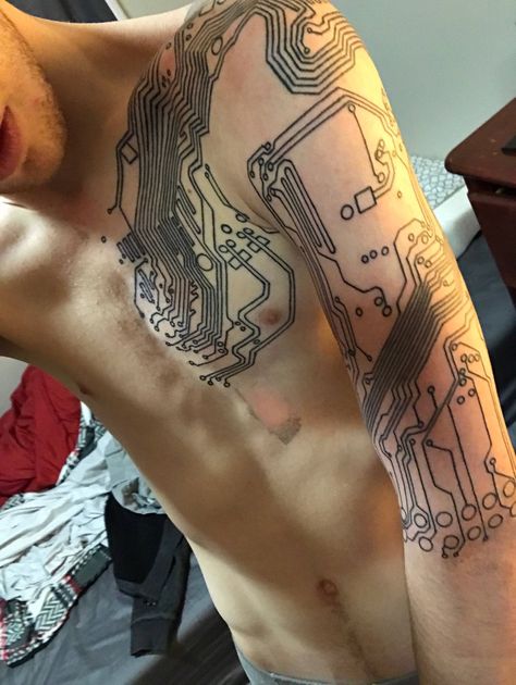 Motherboard Tattoo, Computer Tattoo Ideas, Circuitry Tattoo, Computer Science Tattoo, Circuit Board Tattoo, Computer Tattoo, Circuit Tattoo, Electronic Tattoo, Tech Tattoo