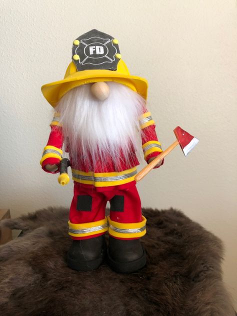 Fireman Gnomes Diy, Army Gnome Diy, Police Gnome, Fireman Gnome, Biker Gnomes, Teacup Crafts, Yarn Hats, Sock Crafts, Happy Birthday Jesus