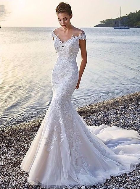 Beach Formal Wedding, Wedding Dresses Mermaid Trumpet, Formal Wedding Dresses, Backless Bridal Dresses, Long Gown For Wedding, Beach Formal, Backless Lace Wedding Dress, The Princess Bride, Wedding Dress Cap Sleeves