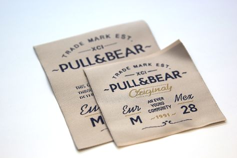 Woven Labels PULL&BEAR Clothing Labels Design, Hang Tag Design, Logo Design Inspiration Creative, Sewing Labels, Shirt Label, Tag Print, Shirt Print Design, Leather Label, Clothing Tags