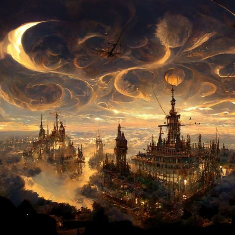 Fantasy Flying City, Celestial Kingdom Aesthetic, City In The Sky Fantasy Art, Star Castle Aesthetic, Fantasy Urban City, Star Kingdom Aesthetic, Steampunk Sky City, Steampunk Fantasy World, Fantasy City Skyline