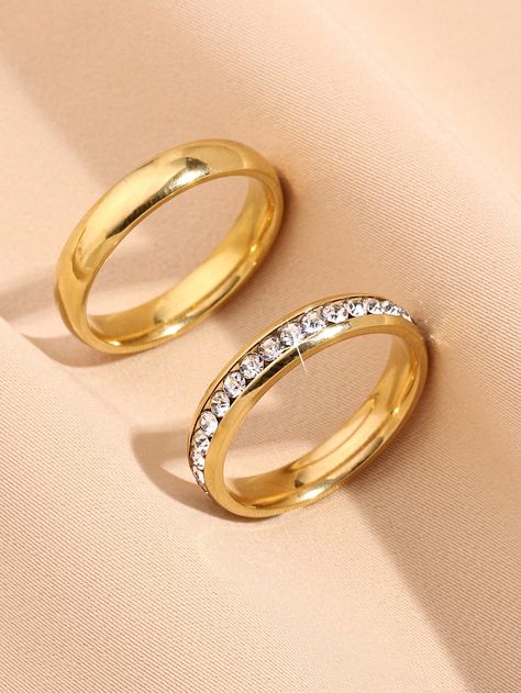 2pcs/Set Of Gold-Yellow Rings Inlaid With A Full Circle Of Diamonds And A Smooth Simple Plain Ring, Suitable For Male And Female Couples To Wear, Wedding Rings, Couple Rings, Or Daily Decoration As Gifts Yellow Gold    Stainless Steel     Women Fashion Jewelry, size features are:Bust: ,Length: ,Sleeve Length: Daily Wear Rings For Women, Male Gold Ring, Wedding Rings Couple, Pretty Engagement Rings, Plain Ring, Plain Rings, Yellow Rings, Mens Gold Rings, Gold Collar