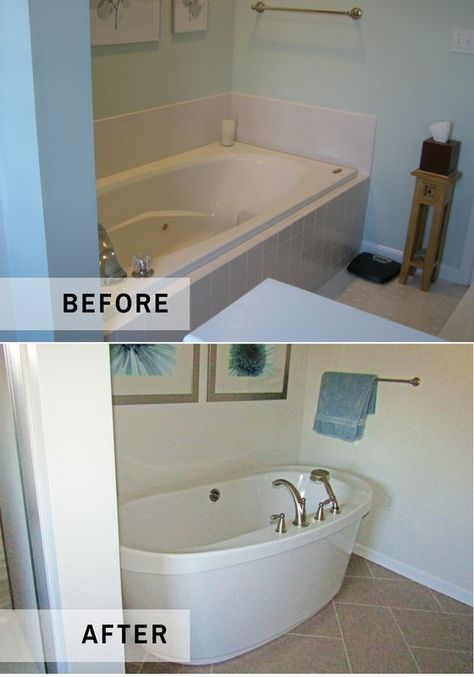 Freestanding Tub In Small Bathroom, Replace Garden Tub With Freestanding Tub, Jet Tub Remodel, Soaking Tub Shower Combo, Bathroom 2023, Diy Home Upgrades, Tub Remodel, Drop In Tub, Stand Alone Tub