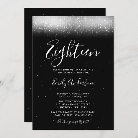 Glam Black and White 18th Birthday Invitation Black And White Sweet 16, White Sweet 16, Sweet Sixteen Party Themes, Black And White Party Decorations, Sweet 16 Party Invitations, White Party Decorations, Halloween Birthday Invitations, 21st Birthday Invitations, 60th Birthday Invitations