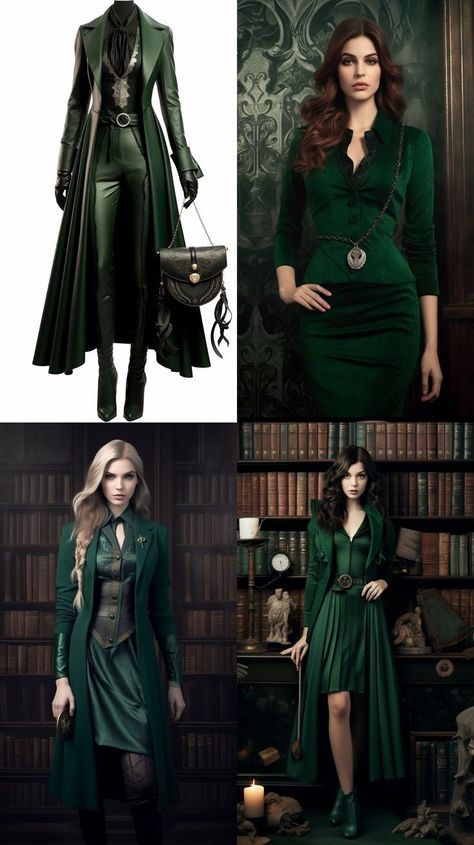 Medieval Inspired Outfits Modern, Modern Fantasy Aesthetic Outfit, Slytherin Suit, Hogwarts Professor Outfit, Modern Wizard Fashion, Harry Potter Slytherin Outfits, Harry Potter Fashion Outfits, Green Fantasy Outfit, Modern Slytherin Outfit