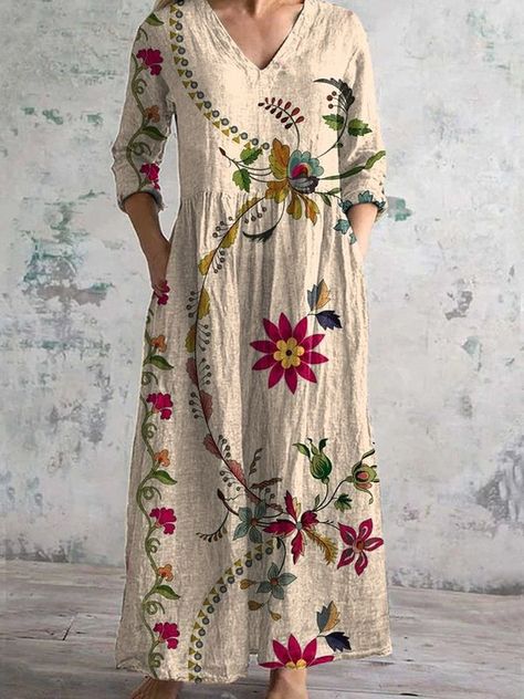 Vintage Floral Print Dress, Elegant Midi Dresses, Cotton Linen Dresses, Breezy Dress, Elegante Casual, Long Sleeve Print Dress, Floral Print Maxi Dress, Vintage Floral Print, Floral Print Maxi