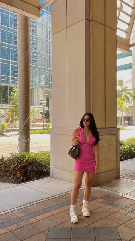 Pink Dress And Sneakers Outfit, Pink Dress Sneakers Outfit, Styling Pink Converse, Converse Ootd, Pink Converse Sneakers For Streetwear, Pink Converse Canvas Shoes For Streetwear, Neon Pink Converse, Dress With Converse, Pink Dress Outfits