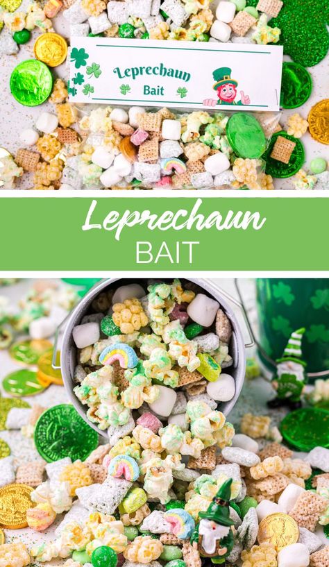 Introducing the latest and greatest in leprechaun luring - Leprechaun Bait made green Muddy Buddies! Super yummy and fun to make! via @familyfresh Leprechaun Bait, Muddy Buddies Recipe, White Almond Bark, Fresh Meals, Muddy Buddies, Family Fresh Meals, Cereal Treats, Christmas Candy Recipes, School Treats