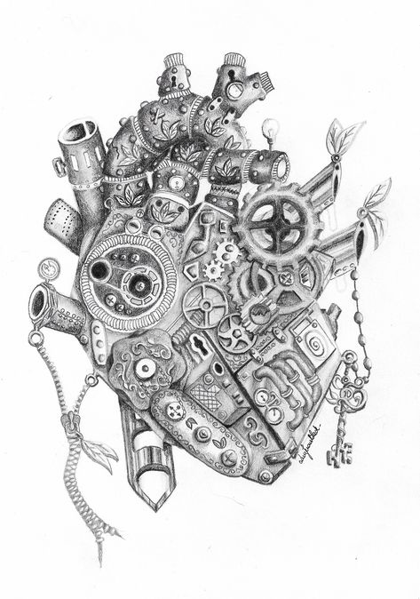 Engine Heart Drawing, Steampunk Heart Art, Open Heart Drawing, Steampunk Heart Drawing, Steampunk Heart Tattoo, Steam Punk Tattoo Designs, Mechanical Heart Drawing, Steampunk Drawing Ideas, Mechanical Art Drawing