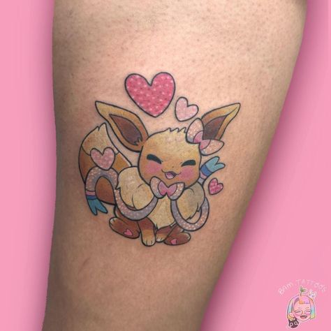 Eevee with Sylveon accessories! How cute is this idea my client came up with?! 😄💖 | Instagram Sylveon Accessories, Eevee Pokemon Tattoo, Sylveon Tattoo, Umbreon Tattoo, Pikachu Tattoo Design, Eevee Tattoo, Tattoo Doodles, Shiny Eevee, Pokemon Tattoos