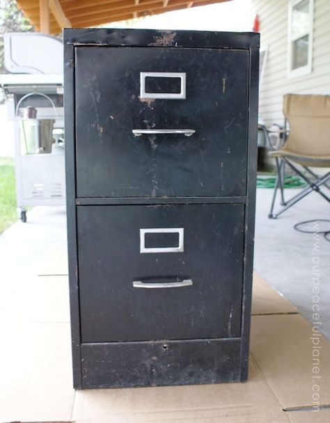 Love, love, love this makeover! Old metal filing cabinets are so versatile- and plain black (or brown, or green) ones are begging for a transformation into something chic. This repurpose upcycle is no different- and SO perfect for a craft room! Great way to organize and store your sewing and craft supplies while looking chic and elegant. 2 Drawer File Cabinet Makeover, File Cabinet Makeover, 2 Drawer File Cabinet, Craft Cabinet, Metal Filing Cabinet, Filing Cabinets, Cabinet Makeover, Sewing Rooms, Flipping Furniture