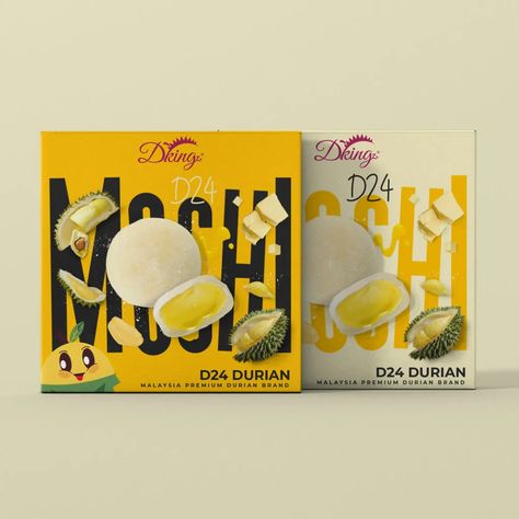 Mochi Packaging, Durian Cake, Durian Fruit, Brand Mascot, Unique Packaging Design, Yellow Color Scheme, Mochi Cake, Glutinous Rice Flour, Cake Packaging