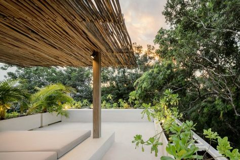 Pool With Pergola, Tulum Villa Architecture, Tulum Luxury Villa, Tulum Beach Club Design, Casa Jaguar Tulum, Habitas Tulum, Polished Cement Floors, Balcony Roof, Lush Landscape