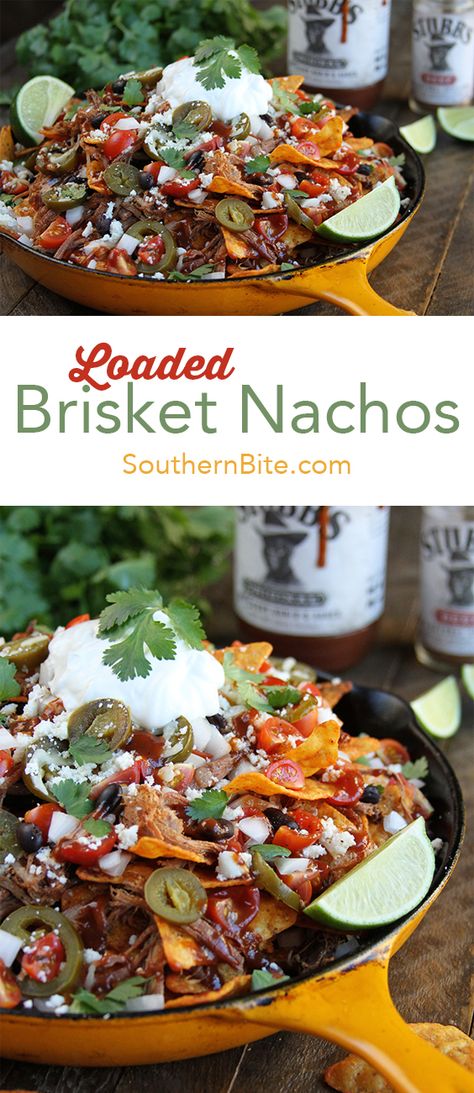 Loaded Brisket Nachos Brisket Nachos, Slow Cooker Brisket, Brisket Recipes, Chicken Nachos, Nachos Recipe, Recipe Chicken, Beef Brisket, Camping Food, Iron Skillet