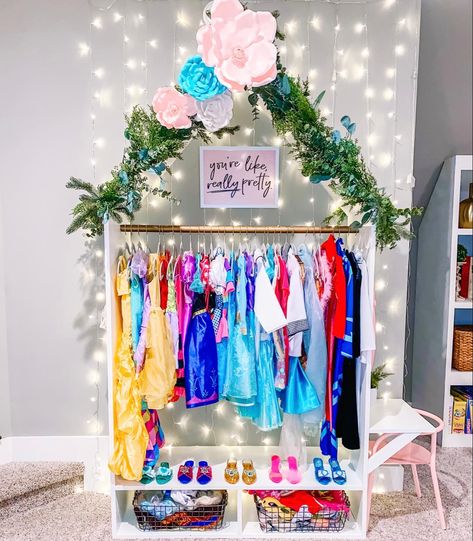 Diy Dress Up Closet, Girls Dress Up Storage, Princess Wardrobe, Dress Up Play Area, Playroom Dress Up Area, Princess Dress Wall, Princess Dress Wardrobe Diy, Princess Dress Storage Diy, Kids Dress Up Storage Wall