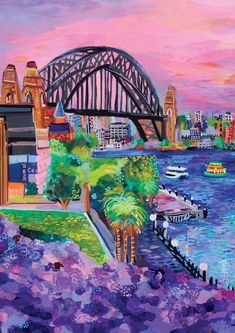 Summer Prints Wallpaper, Jacaranda Trees, Bridge Drawing, Beach Wall Collage, Jacaranda Tree, Coastal Wallpaper, Bridge Painting, Harbour Bridge, Sydney Harbour