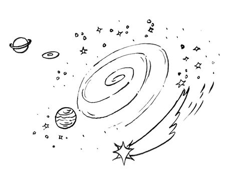 Milky Way Drawing Simple, Space Drawing Simple, Cosmic Sketches, Simple Galaxy Drawing, Space Aesthetic Drawing, Galaxy Line Art, Space Line Art, Cosmic Illustrations, Universe Doodle