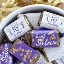 Purple and Gold Sweet 16 Candy Bar Wrappers, Happy Sweet Sixteenth Birthday Party Stickers, Purple Birthday Decorations, 45 Stickers by Distinctivs Party | Catch My Party Purple And Gold Sweet 16, Purple Candy Table, Sweet 16 Candy Bar, Gold Candy Bar, Purple Birthday Decorations, Sweet 16 Candy, Purple Sweet 16, Gold Sweet 16, Sweet 16 Party Favors