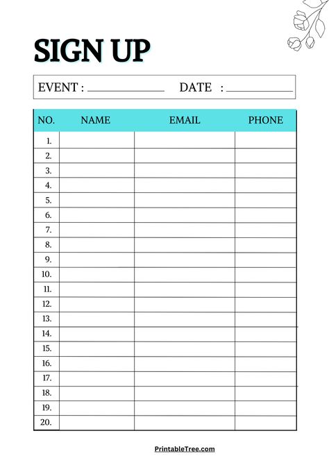 Sign In Sheet Template, Sign Up Sheets, Sign In Sheet, Floral Signs, Simple Signs, Sheet Template, Planner Sheets, Event Sign, Word Signs