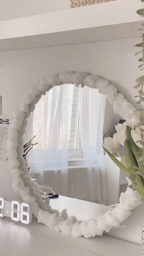 My Mirror, Mirror Inspiration, Random Crafts, Bedroom Desk, White Mirror, Cozy Room Decor, Pretty Room, Cotton Balls, Diy Mirror