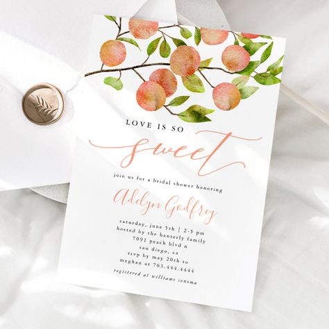 Peach Bridal Showers, Garden Fruit, Wedding Shower Themes, Summer Bridal Showers, Wedding Shower Invitations, Peach Wedding, Bridal Shower Invitation, Free Birthday Invitations, Tree Branch