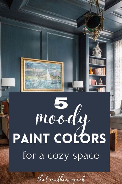 best blue paint color Moody Blue Paint Colors, Moody Blue Paint, Paint Color Of The Year, Blue Bedroom Paint, Dark Blue Paint Color, Moody Room, Library At Home, Best Blue Paint Colors, Moody Living Room