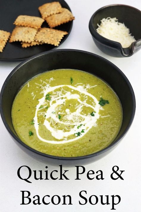 A bowl of green coloured soup with a swirl of cream. Behind is plate of crackers and a bowl of grated Parmesan cheese. Bacon Soup Recipes, Chicken Vegetable Stew, Creamy Peas, Roast Chicken Leftovers, Veg Soup, Chicken Vegetable, Bacon Soup, Dumplings For Soup, Vegetable Stew