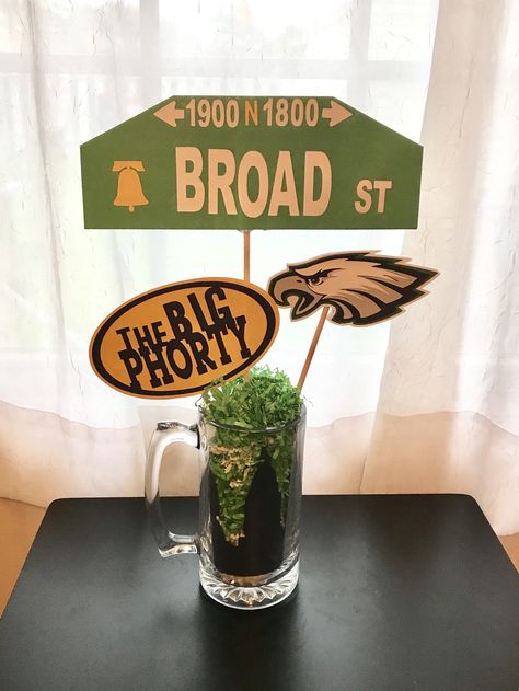 40th philly themed centerpieces  Custom ordered Philly Themed Party, Philadelphia Themed Party, Eagles Party, Themed Centerpieces, Spring Social, Finance Infographic, Presidents Cup, South Philly, Sports Themed Party