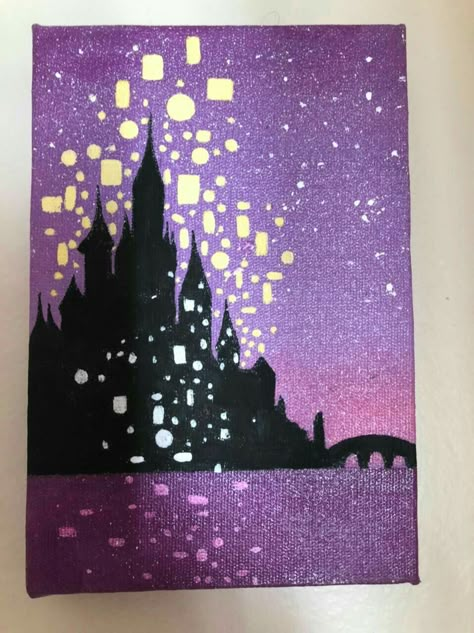 Canvas Painting Ideas Tangled, Simple Tangled Painting, Rapunzel Inspired Painting, Rapunzel Castle Painting, Painting Ideas Rapunzel, Tangled Castle Painting, Painting Ideas Disney Princess, Tangled Acrylic Painting, Easy Castle Painting