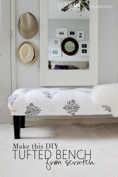 How to make this DIY tufted bench from scratch -- easy and sturdy! Featured on Remodelaholic.com #bench #tuftedbench Bedroom Bench Seat, Diy Bank, Bedroom Design Diy, Tufted Bench, Diy Bench, Bed Bench, Bedroom Bench, Upholstered Bench, Remodel Bedroom