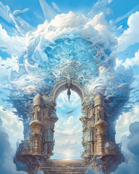 Fantasy concept art created with Midjourney v5 Heavenly Landscape Art, City Gates Fantasy Concept Art, High Fantasy Concept Art, Heaven Concept Art, Heaven Fantasy Art, Fantasy Architecture Concept Art, Heaven Realm, Fantasy Gate, Gate City