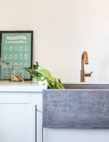 Concrete Laundry Sink, Laundry Closet Ideas, Cottage Laundry, White Beveled Subway Tile, Cottage Laundry Room, Small Closet Organization Bedroom, Laundry Sinks, Beveled Subway Tile, Grey Floor Tiles