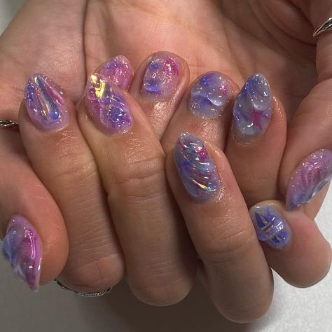 Aura Nails On Short Nails, Short Nail Designs Aura, Purple Pink Aura Nails, Fairy Purple Nails, Purple Aura Nails Chrome, Nail Ring, Crazy Nails, Nails Desing, Dipped Nails