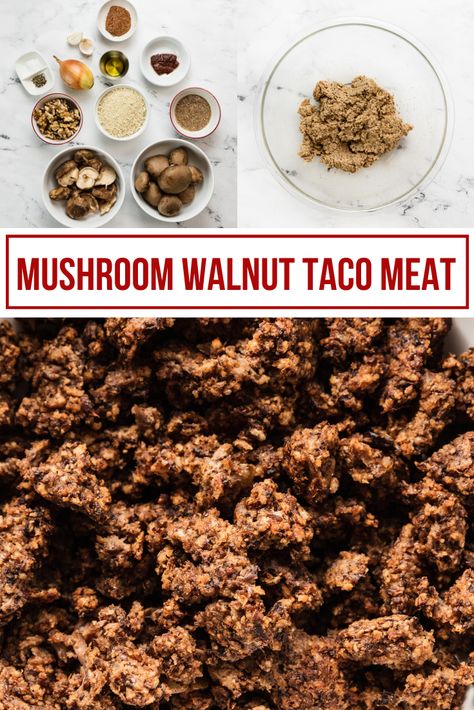 Mushroom walnut taco meat is going to transform your meatless Mexican meals! It’s vegan and easy to make with whole food ingredients. #vegan #mexican #tacos Ground Mushroom Meat, Mushroom As Meat Substitute, Walnut Meat Vegan, Walnut Mushroom Taco Meat, Walnut Meat Recipes, Mushroom Taco Meat, Vegan Walnut Meat, Vegan Taco Meat Recipe, Walnut Taco Meat