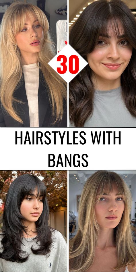 30 Trendy Hairstyles with Bangs to Elevate Your Look Do Bangs Make You Look Younger, Bad Bangs Haircut, Bangs With Updo, Headband And Bangs, Long Layered Hair With Bangs Over 40, Bang Hair Styles, Bangs Brunette Hair, Low Maintenance Bangs, Money Piece Bangs