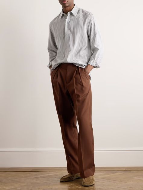 UMIT BENAN B+ Pleated Silk Trousers for Men | MR PORTER Men Loose Pants Outfit, Double Pleated Trousers Men, Slacks Outfit Casual Men, Men’s Trousers, Light Brown Trousers Outfit, Pleated Trousers Men, Business Casual Looks For Men, Pleated Trousers Outfit, Wide Leg Trousers Men